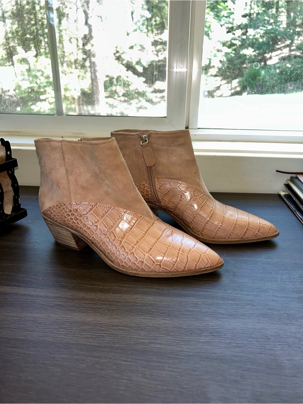 Louise et Cie Light Pink Croc-Embossed Suede Pointed Ankle Boots